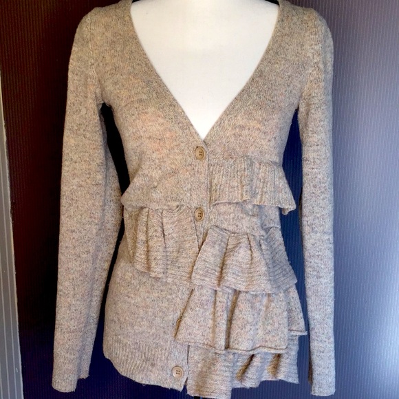 Moth cardigan tan button up sweater size xsmall ruffle detail - Picture 1 of 9